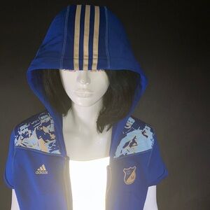 Adidas Royal Blue Hooded Siccer Short Sleeve Jacket with Gold Stripes